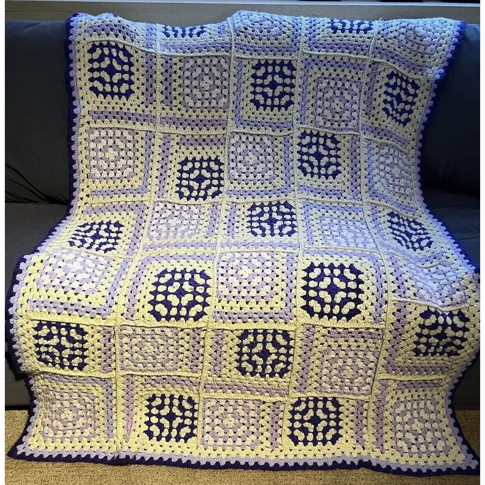 Vtg Purple White Crochet Handmade Afghan Throw Blanket Granny Square Style 48x64
